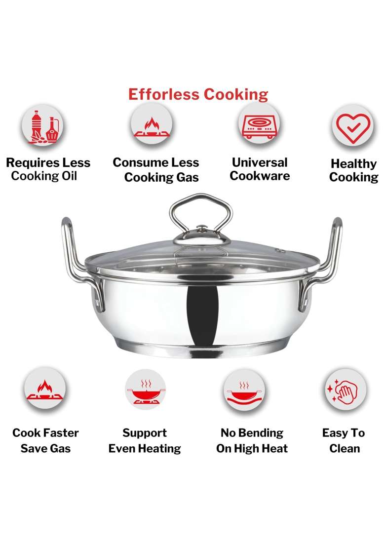 Vinod Stainless Steel Kadhai Wok with Glass Lid | 1.5 L | 1.6 Qt | 18 cm | 7.1 Inch | Induction Compatible | Heavy Bottom - Indya