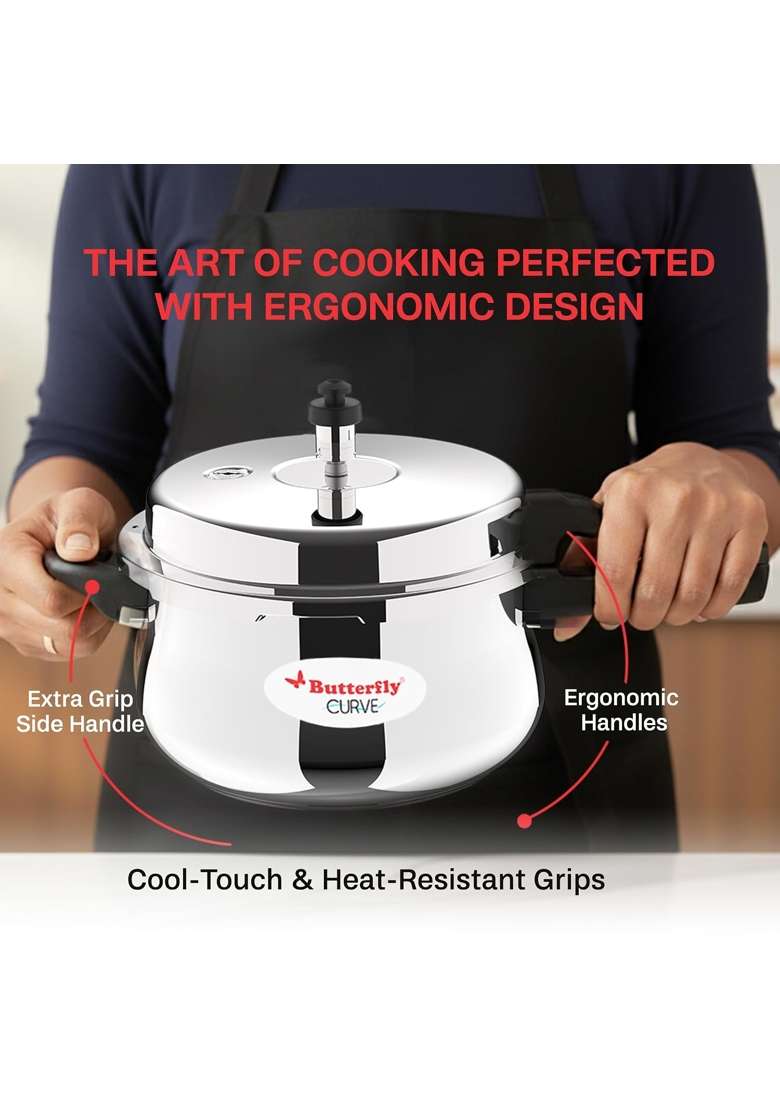 Butterfly Curve Stainless Steel Outer Lid Pressure Cooker | 5 L | 5.3 Qt | Induction Compatible | Tri-Ply - Indya