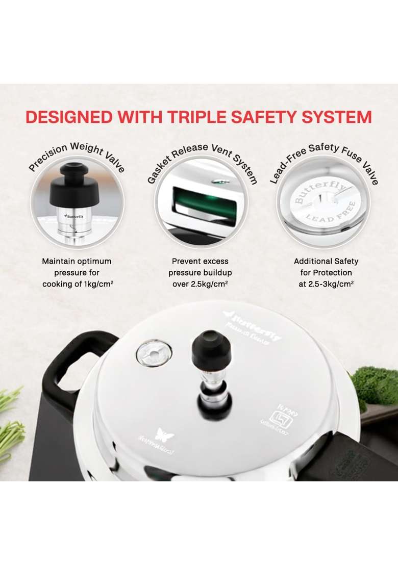 Butterfly Curve Stainless Steel Outer Lid Pressure Cooker | 5 L | 5.3 Qt | Induction Compatible | Tri-Ply - Indya