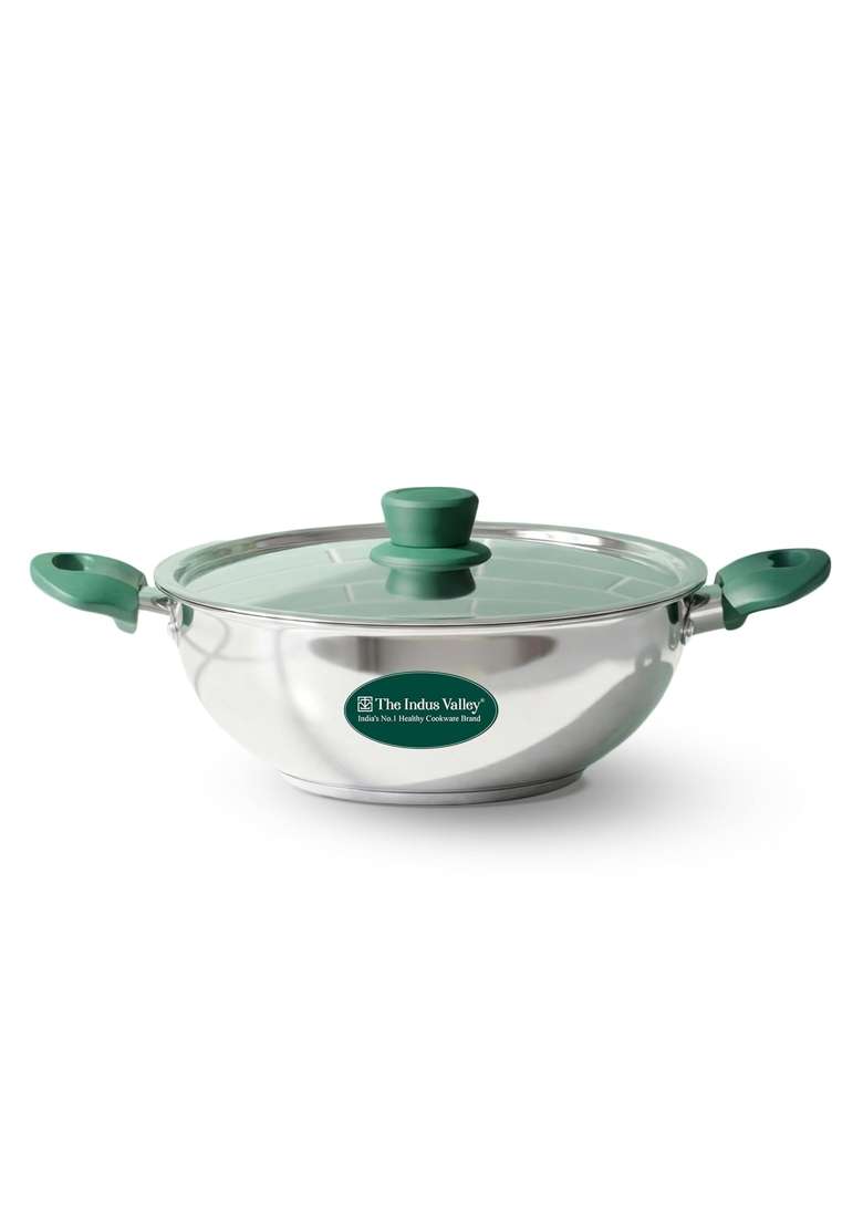 The Indus Valley Stainless Steel Kadai Wok Kadhai with Steel Lid | 3.5 L | 3.7 Qt | 27 cm | 10.6 Inch | Induction Compatible | Non-Toxic - Indya