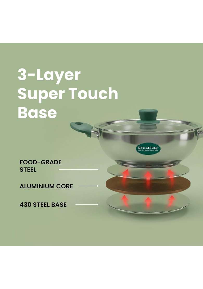 The Indus Valley Stainless Steel Kadai Wok Kadhai with Steel Lid | 3.5 L | 3.7 Qt | 27 cm | 10.6 Inch | Induction Compatible | Non-Toxic - Indya