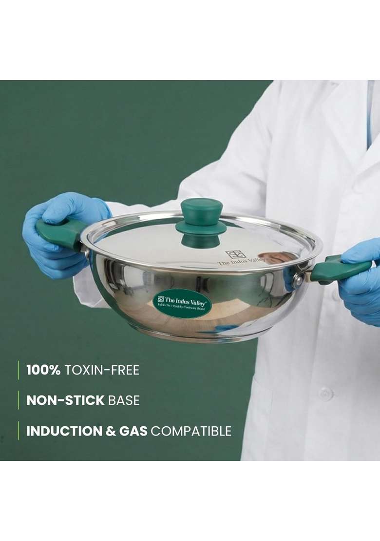 The Indus Valley Stainless Steel Kadai Wok Kadhai with Steel Lid | 3.5 L | 3.7 Qt | 27 cm | 10.6 Inch | Induction Compatible | Non-Toxic - Indya