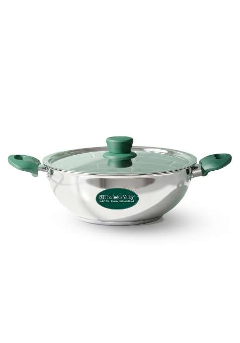 The Indus Valley Stainless Steel Kadai Wok Kadhai with Steel Lid | 3.5 L | 3.7 Qt | 27 cm | 10.6 Inch | Induction Compatible | Non-Toxic