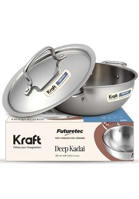 Kraft- follow your imagination Kraft Futuretec Triply Stainless Steel Kadai Wok with Lid | 1.5 L | 1.6 Qt | 20 cm | 7.9 Inch