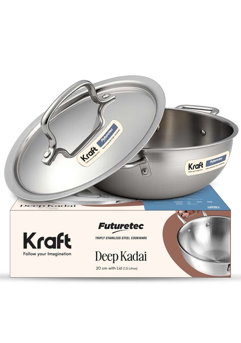 Kraft- follow your imagination Kraft Futuretec Triply Stainless Steel Kadai Wok with Lid | 1.5 L | 1.6 Qt | 20 cm | 7.9 Inch - Indya