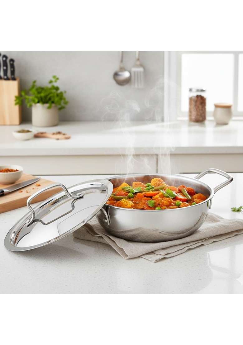 Kraft- follow your imagination Kraft Futuretec Triply Stainless Steel Kadai Wok with Lid | 1.5 L | 1.6 Qt | 20 cm | 7.9 Inch - Indya