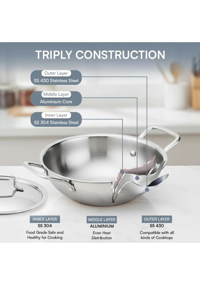Kraft- follow your imagination Kraft Futuretec Triply Stainless Steel Kadai Wok with Lid | 1.5 L | 1.6 Qt | 20 cm | 7.9 Inch - Indya
