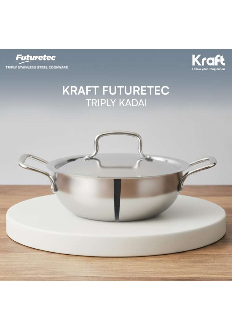 Kraft- follow your imagination Kraft Futuretec Triply Stainless Steel Kadai Wok with Lid | 1.5 L | 1.6 Qt | 20 cm | 7.9 Inch - Indya