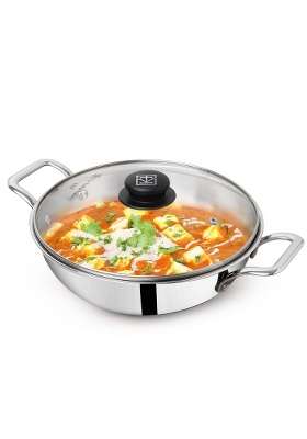 The Indus Valley Triply Stainless Steel Kadai Wok Kadhai with Glass Lid | 3.5 L | 3.7 Qt | 26 cm | 10.2 Inch | Induction Compatible