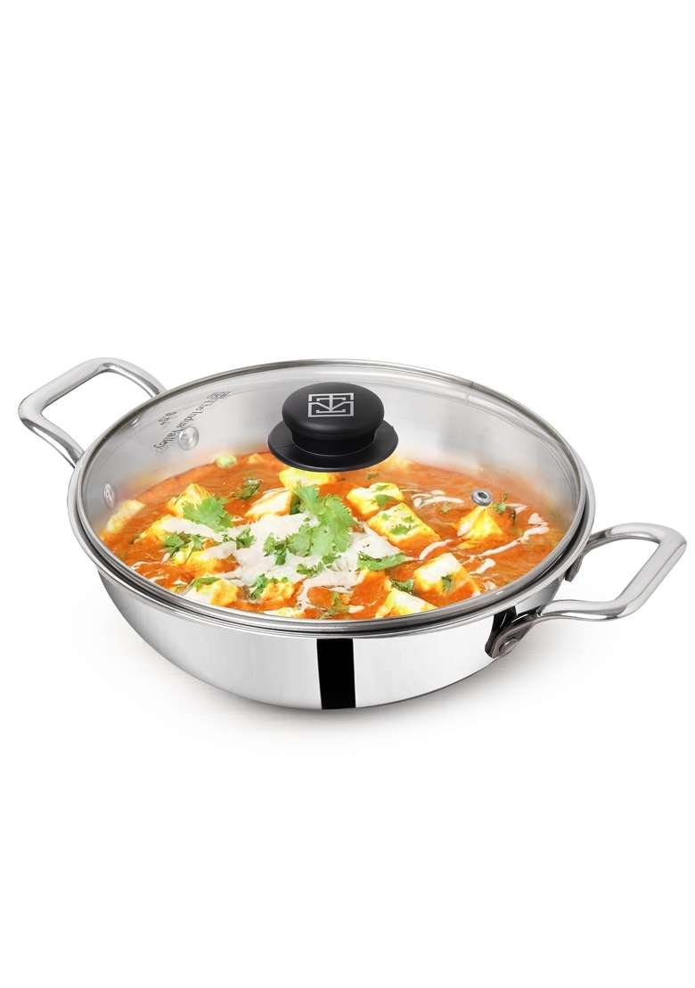 The Indus Valley Triply Stainless Steel Kadai Wok Kadhai with Glass Lid | 3.5 L | 3.7 Qt | 26 cm | 10.2 Inch | Induction Compatible - Indya