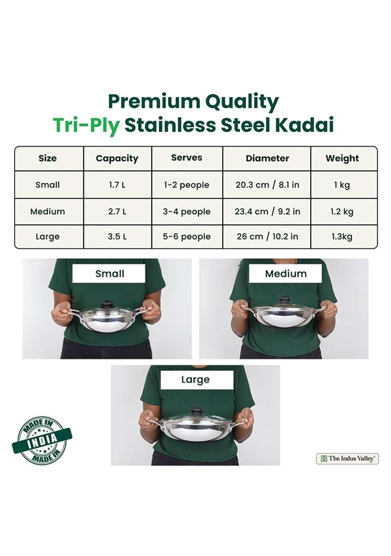 The Indus Valley Triply Stainless Steel Kadai Wok Kadhai with Glass Lid | 3.5 L | 3.7 Qt | 26 cm | 10.2 Inch | Induction Compatible - Indya