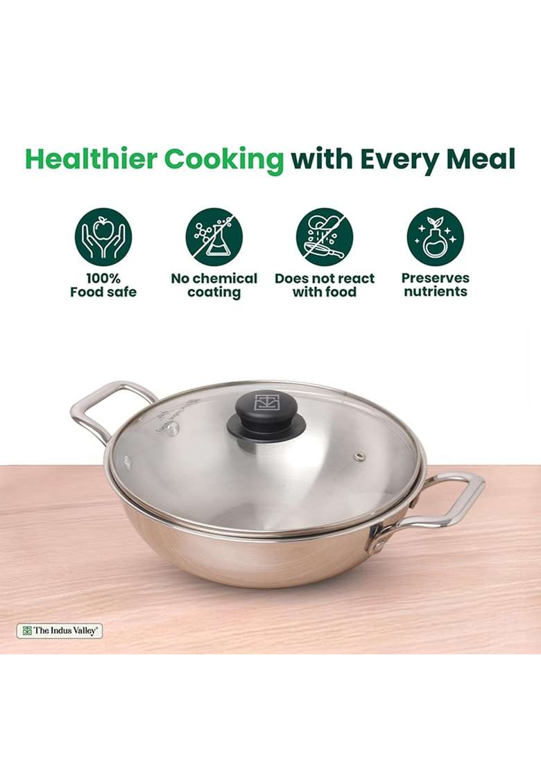 The Indus Valley Triply Stainless Steel Kadai Wok Kadhai with Glass Lid | 3.5 L | 3.7 Qt | 26 cm | 10.2 Inch | Induction Compatible - Indya