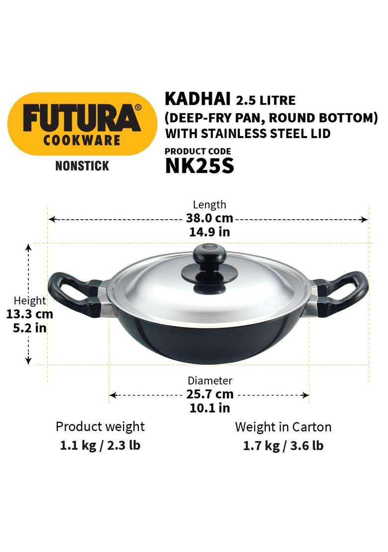 Hawkins Futura Deep Fry Pan | 2.5 L | 2.6 Qt | Non-Stick | With Lid - Indya