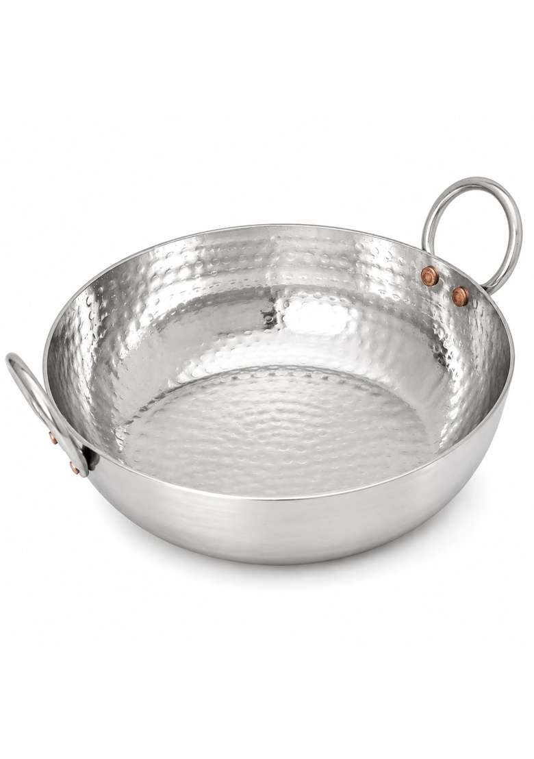 KC Sandwich Bottom Heavy Gauge Stainless Steel Hammered Kadhai Wok Cookware | 2500 ml | 84.5 fl oz - Indya