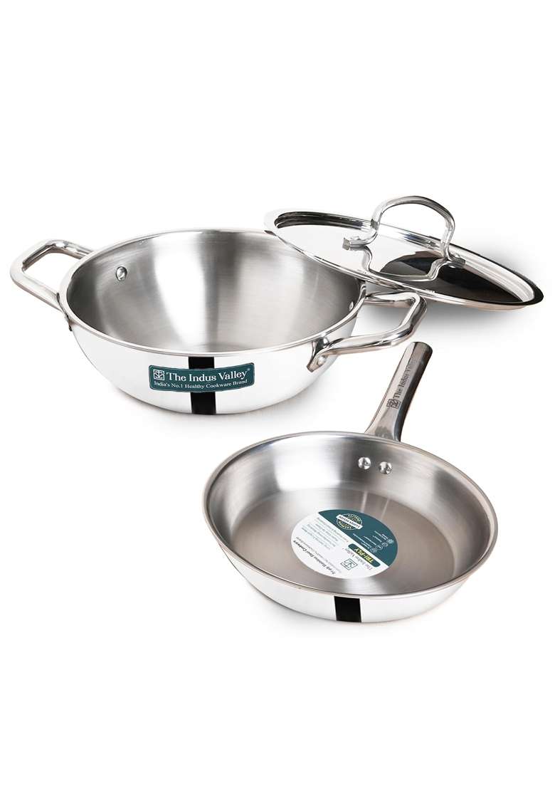 The Indus Valley Triply Stainless Steel Cookware Set | 3 L | 3.2 Qt | 24 cm | 9.4 Inch | 3-Piece Set | Non-Stick | With Lid - Indya