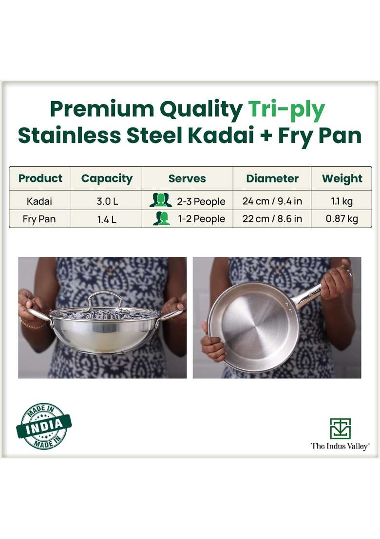 The Indus Valley Triply Stainless Steel Cookware Set | 3 L | 3.2 Qt | 24 cm | 9.4 Inch | 3-Piece Set | Non-Stick | With Lid - Indya