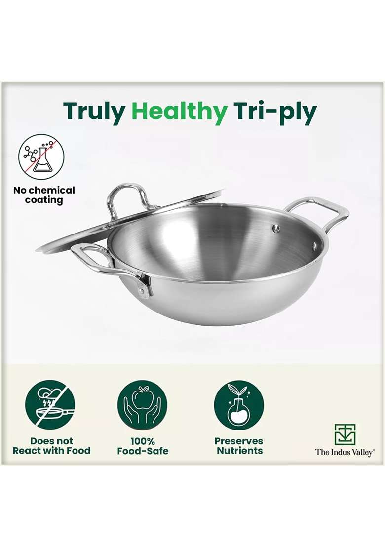 The Indus Valley Triply Stainless Steel Cookware Set | 3 L | 3.2 Qt | 24 cm | 9.4 Inch | 3-Piece Set | Non-Stick | With Lid - Indya