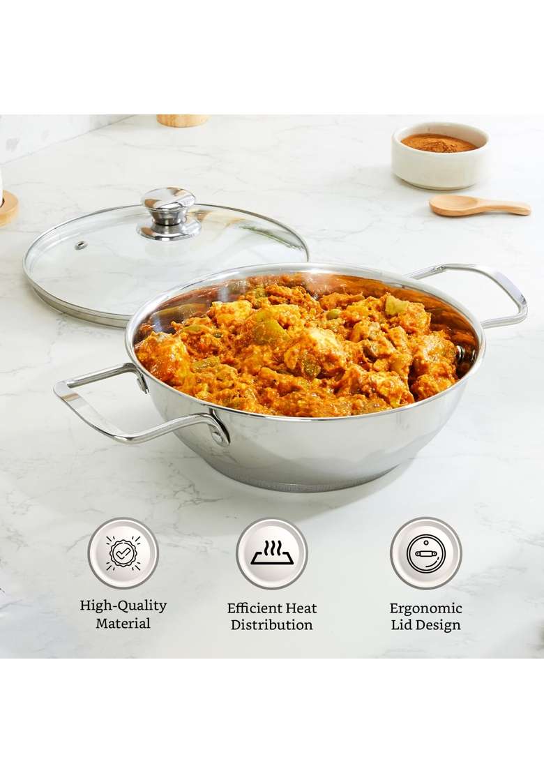 Solimo Amazon Brand Solimo Stainless Steel Kadhai Wok with Glass Lid | 20 cm | 7.9 Inch | Induction Compatible | Rust Resistant - Indya