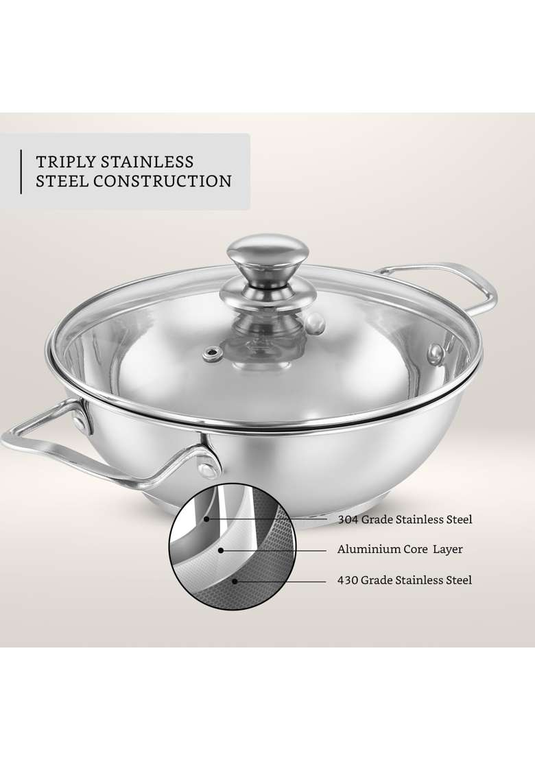 Solimo Amazon Brand Solimo Stainless Steel Kadhai Wok with Glass Lid | 20 cm | 7.9 Inch | Induction Compatible | Rust Resistant - Indya