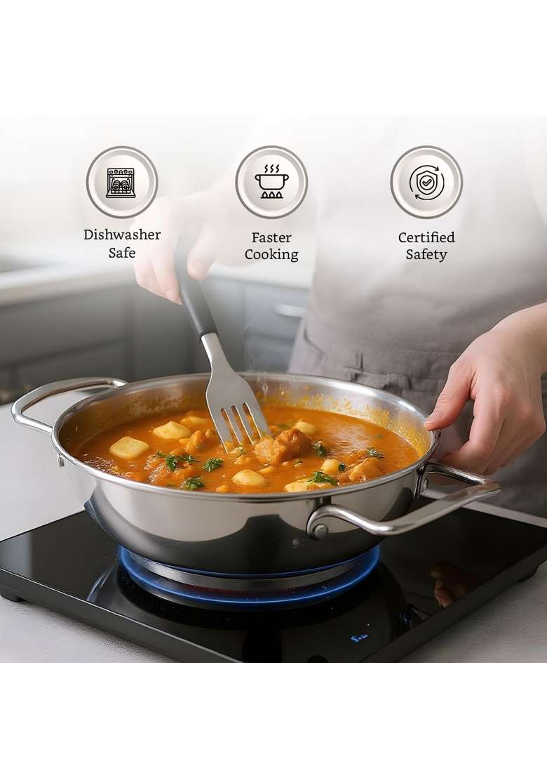 Solimo Amazon Brand Solimo Stainless Steel Kadhai Wok with Glass Lid | 20 cm | 7.9 Inch | Induction Compatible | Rust Resistant - Indya