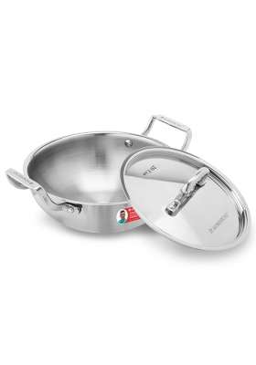 Wonderchef Stella Triply Stainless Steel Kadhai Wok with Lid | 1.6 L | 1.7 Qt | 20 cm | 7.9 Inch | Induction Compatible | Non-Toxic
