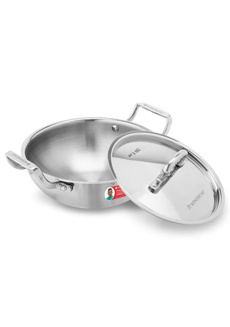 Wonderchef Stella Triply Stainless Steel Kadhai Wok with Lid | 1.6 L | 1.7 Qt | 20 cm | 7.9 Inch | Induction Compatible | Non-Toxic - Indya