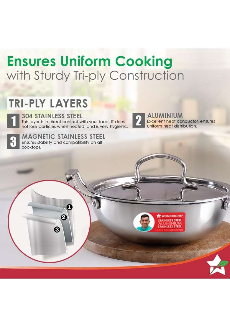 Wonderchef Stella Triply Stainless Steel Kadhai Wok with Lid | 1.6 L | 1.7 Qt | 20 cm | 7.9 Inch | Induction Compatible | Non-Toxic - Indya