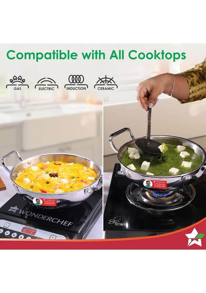Wonderchef Stella Triply Stainless Steel Kadhai Wok with Lid | 1.6 L | 1.7 Qt | 20 cm | 7.9 Inch | Induction Compatible | Non-Toxic - Indya