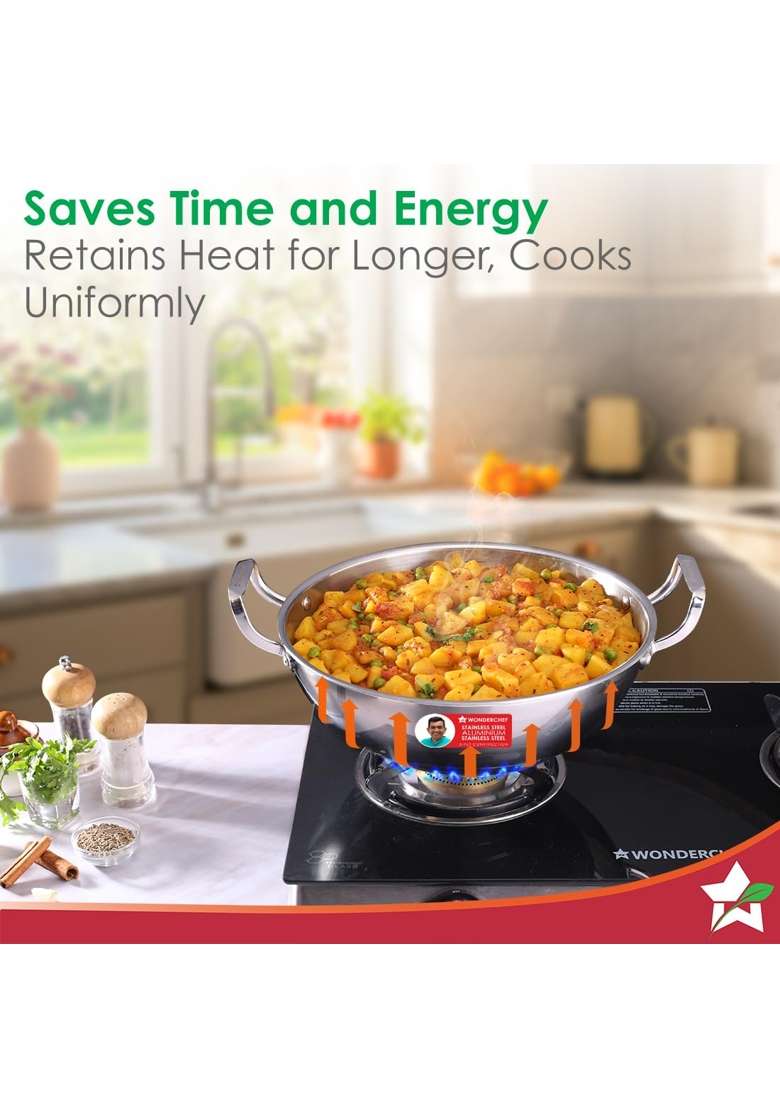 Wonderchef Stella Triply Stainless Steel Kadhai Wok with Lid | 1.6 L | 1.7 Qt | 20 cm | 7.9 Inch | Induction Compatible | Non-Toxic - Indya