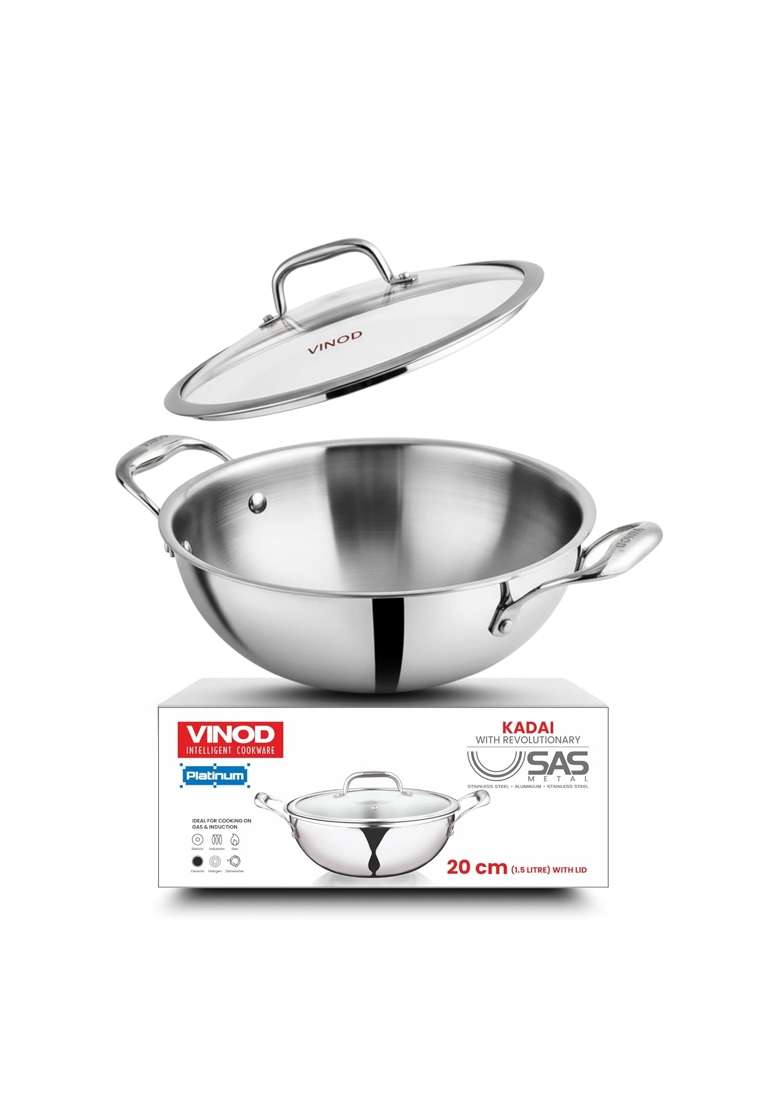 Vinod Triply Stainless Steel Extra Deep Kadai Wok with Glass Lid | 1.8 L | 1.9 Qt | 20 cm | 7.9 Inch - Indya