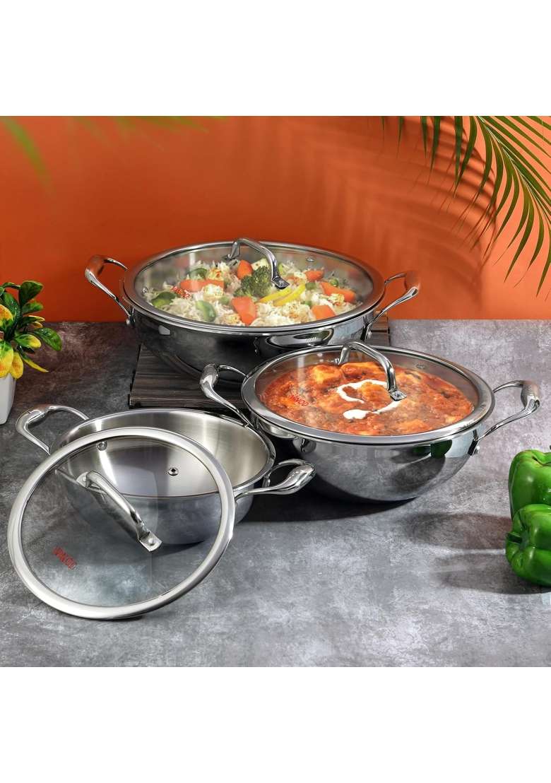Vinod Triply Stainless Steel Extra Deep Kadai Wok with Glass Lid | 1.8 L | 1.9 Qt | 20 cm | 7.9 Inch - Indya