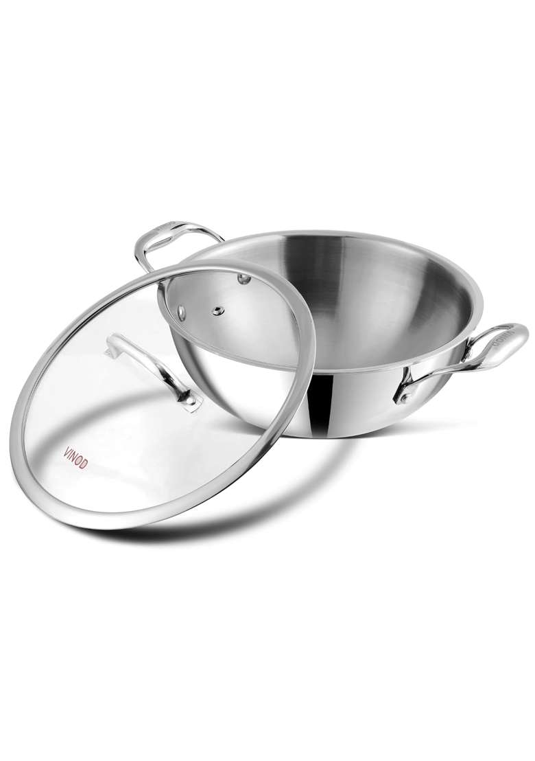 Vinod Triply Stainless Steel Extra Deep Kadai Wok with Glass Lid | 1.8 L | 1.9 Qt | 20 cm | 7.9 Inch - Indya