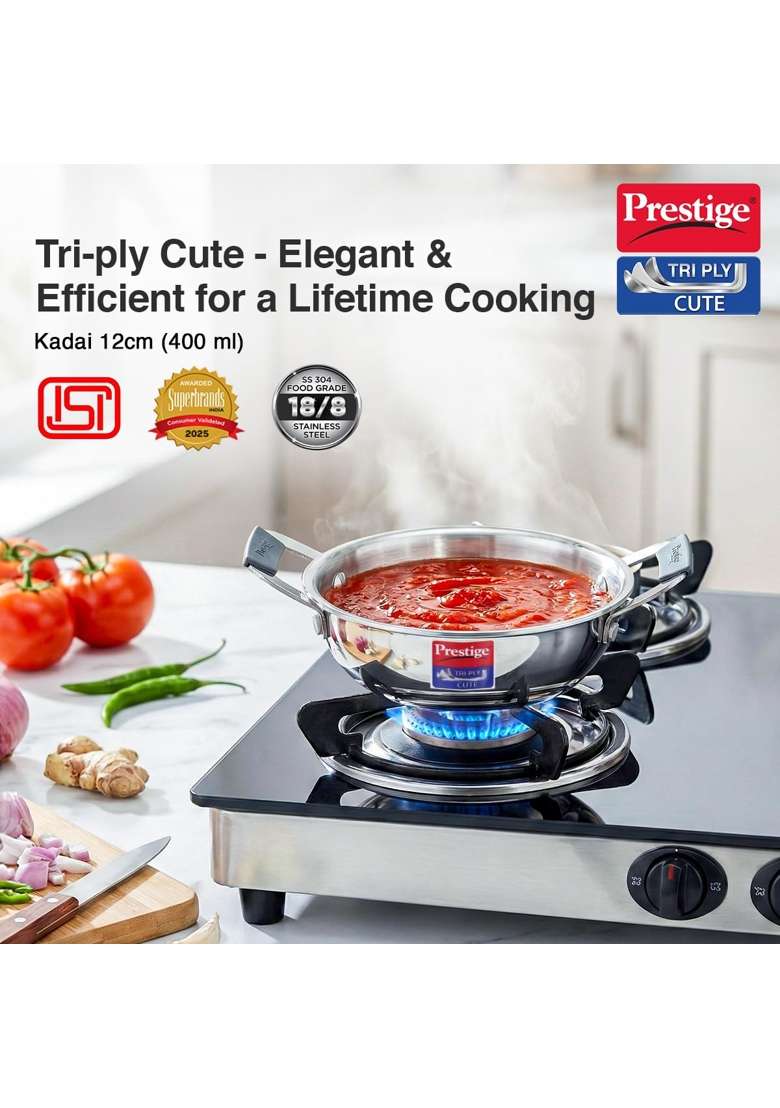 Prestige Tri-Ply Stainless Steel Cute Kadai Wok | 400 ml | 13.5 fl oz | 12 cm | 4.7 Inch | Induction Compatible - Indya