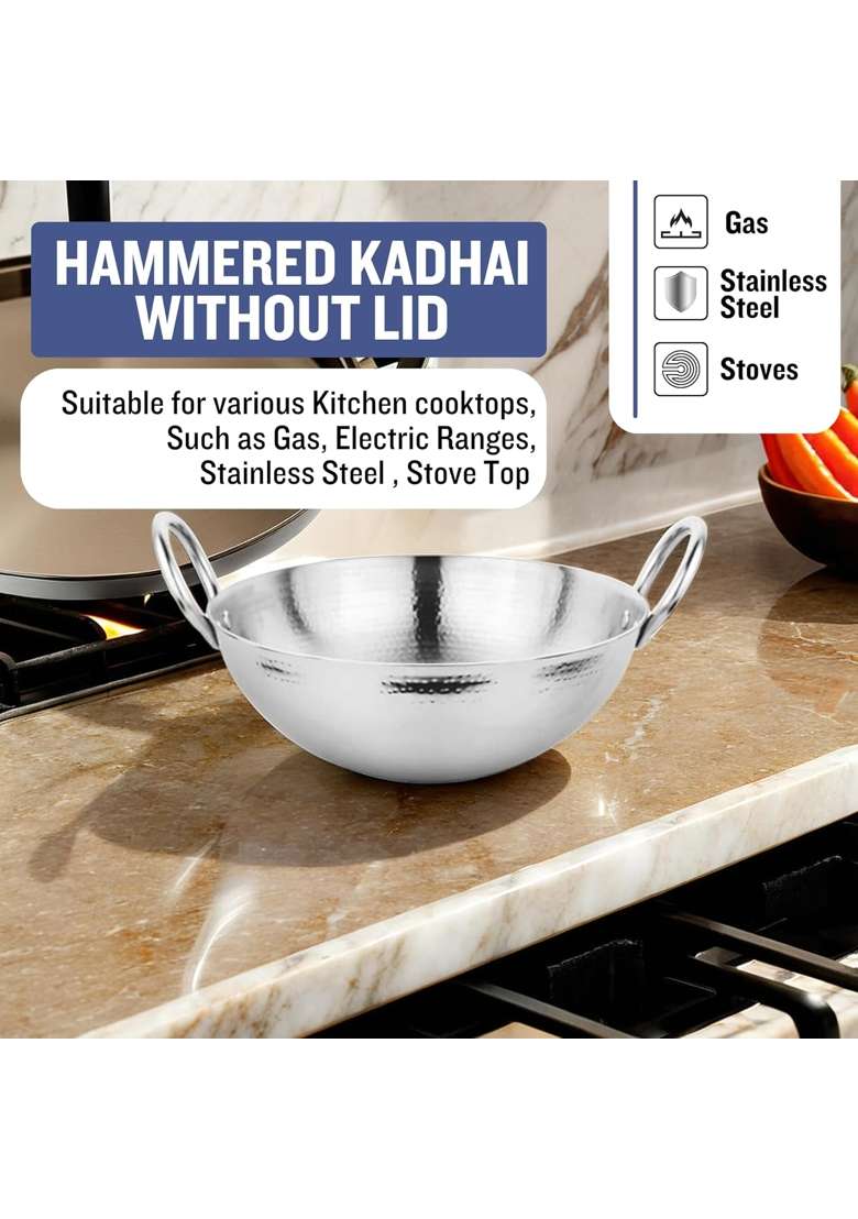 Prabha Round Bottom Stainless Steel Kadhai Wok Heavy Gauge Hammered Kadai | 1 L | 1.1 Qt - Indya