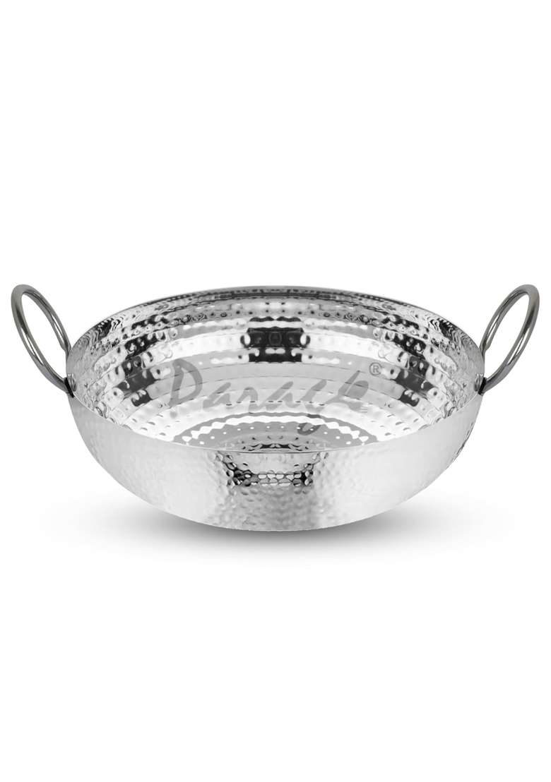 Parage Stainless Steel Hammered Kadhai Wok with Heavy Bottom for Kitchen Utensils | 2 L | 2.1 Qt - Indya