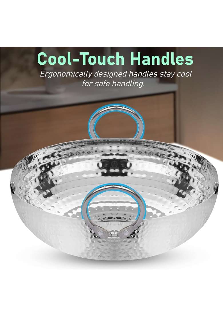 Parage Stainless Steel Hammered Kadhai Wok with Heavy Bottom for Kitchen Utensils | 2 L | 2.1 Qt - Indya