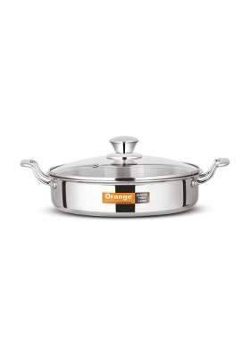 Orange Stainless Steel Triply Cook and Serve Fry Pan Saute Pan Kadai Wok Flat Pan with Glass | 2.5 L | 2.6 Qt | 24 cm | 9.4 Inch