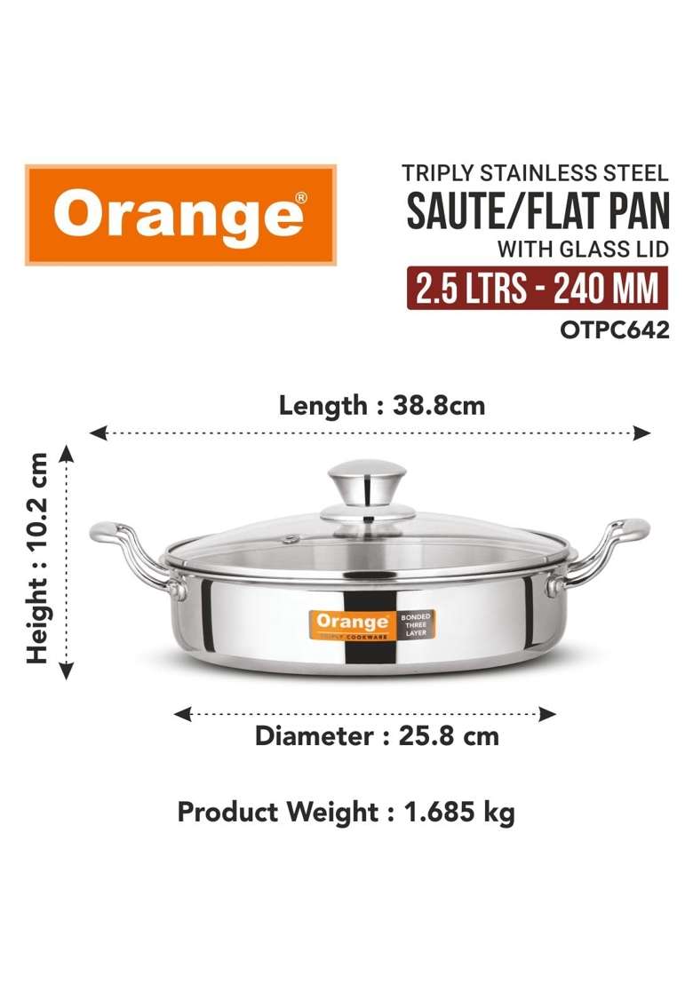 Orange Stainless Steel Triply Cook and Serve Fry Pan Saute Pan Kadai Wok Flat Pan with Glass | 2.5 L | 2.6 Qt | 24 cm | 9.4 Inch - Indya