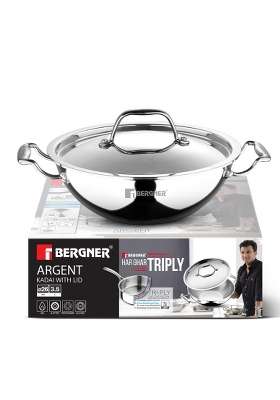 BERGNER Argent Triply Kadai Wok with Stainless Steel Lid | 3.5 L | 3.7 Qt | 26 cm | 10.2 Inch | Induction Compatible