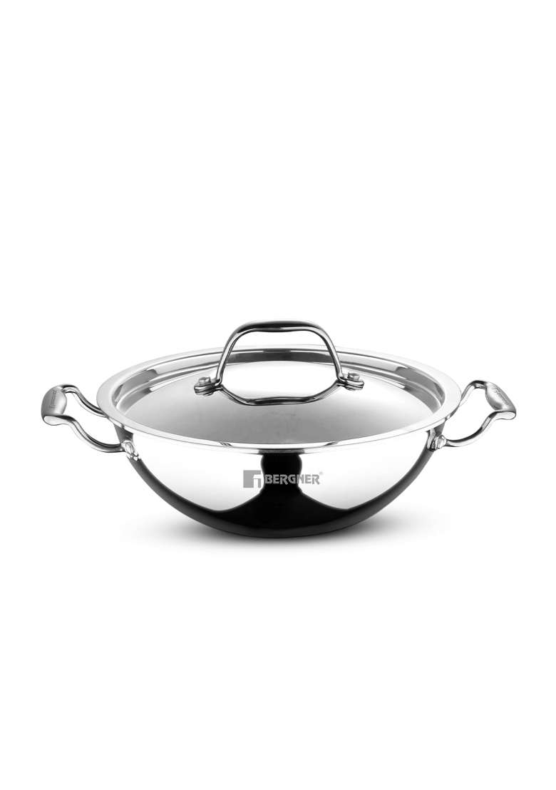 BERGNER Argent Triply Kadai Wok with Stainless Steel Lid | 3.5 L | 3.7 Qt | 26 cm | 10.2 Inch | Induction Compatible - Indya