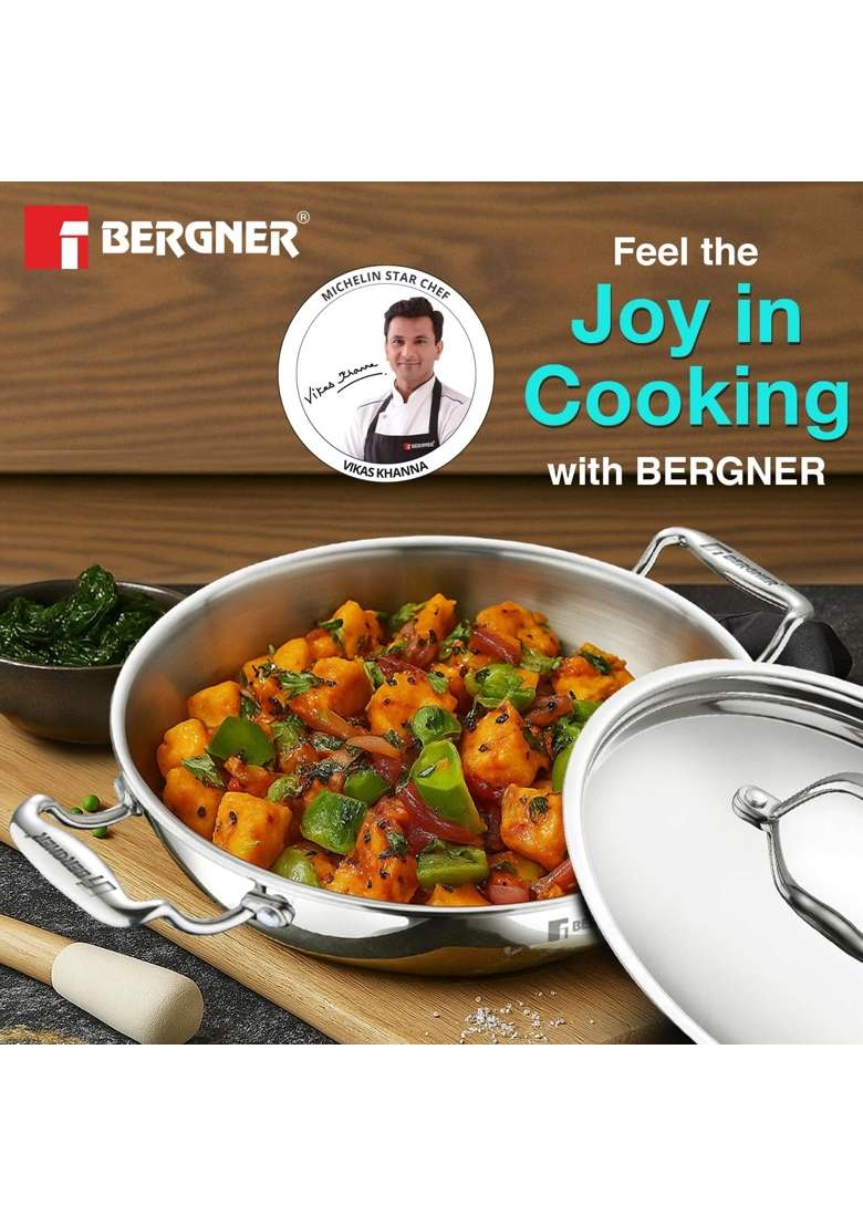 BERGNER Argent Triply Kadai Wok with Stainless Steel Lid | 3.5 L | 3.7 Qt | 26 cm | 10.2 Inch | Induction Compatible - Indya