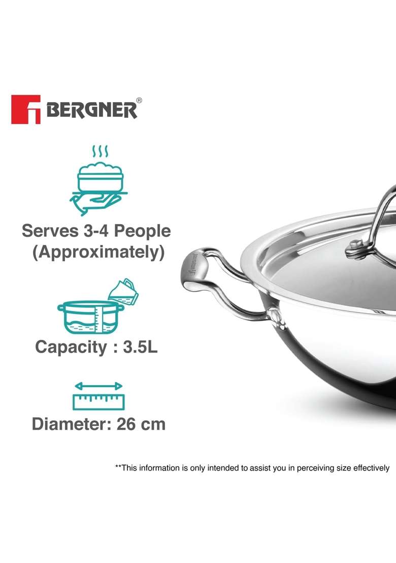 BERGNER Argent Triply Kadai Wok with Stainless Steel Lid | 3.5 L | 3.7 Qt | 26 cm | 10.2 Inch | Induction Compatible - Indya