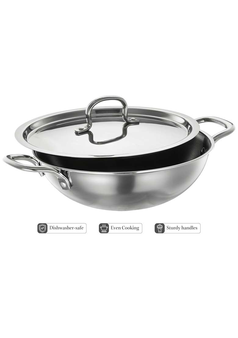 Solimo Amazon Brand Solimo Stainless Steel Triply Kadhai Wok | 24 cm | 9.4 Inch | Induction Compatible - Indya
