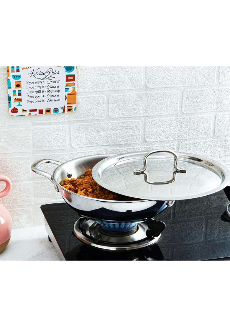 Solimo Amazon Brand Solimo Stainless Steel Triply Kadhai Wok | 24 cm | 9.4 Inch | Induction Compatible - Indya