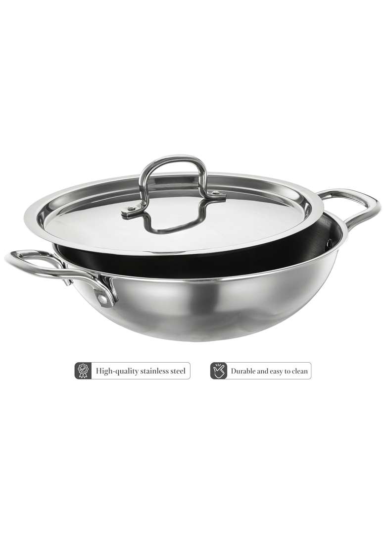 Solimo Amazon Brand Solimo Stainless Steel Triply Kadhai Wok | 24 cm | 9.4 Inch | Induction Compatible - Indya