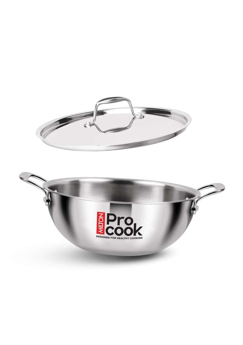 MILTON Pro cook Triply Mini Stainless Steel Kadhai Wok with Lid | 1 L | 1.1 Qt | 16 cm | 6.3 Inch | Induction Compatible - Indya