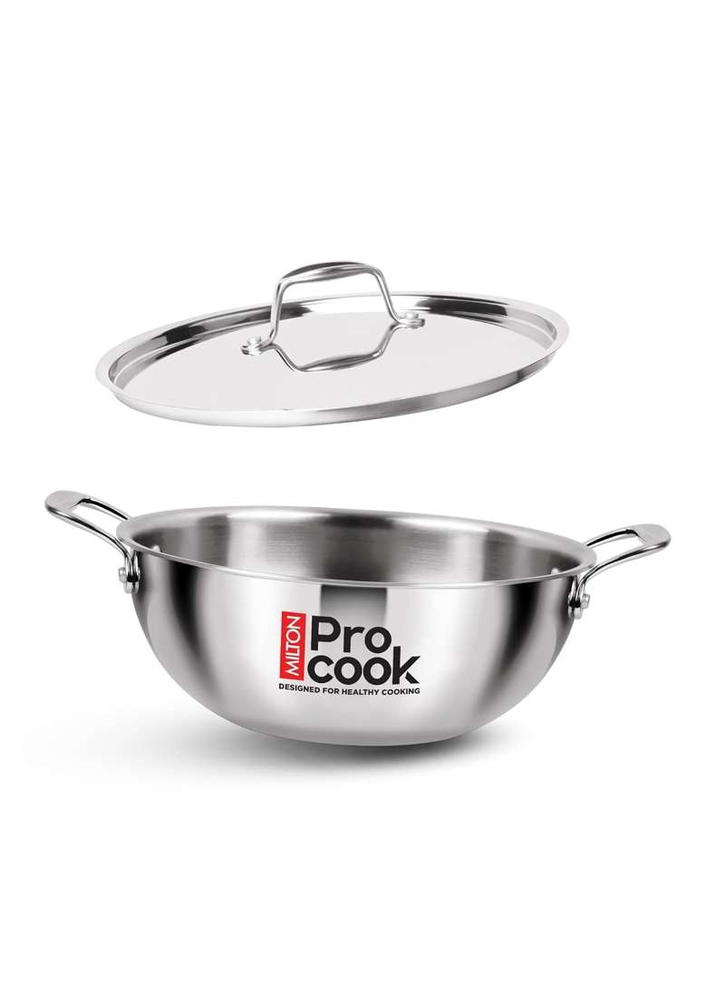 MILTON Pro cook Triply Mini Stainless Steel Kadhai Wok with Lid | 1 L | 1.1 Qt | 16 cm | 6.3 Inch | Induction Compatible - Indya