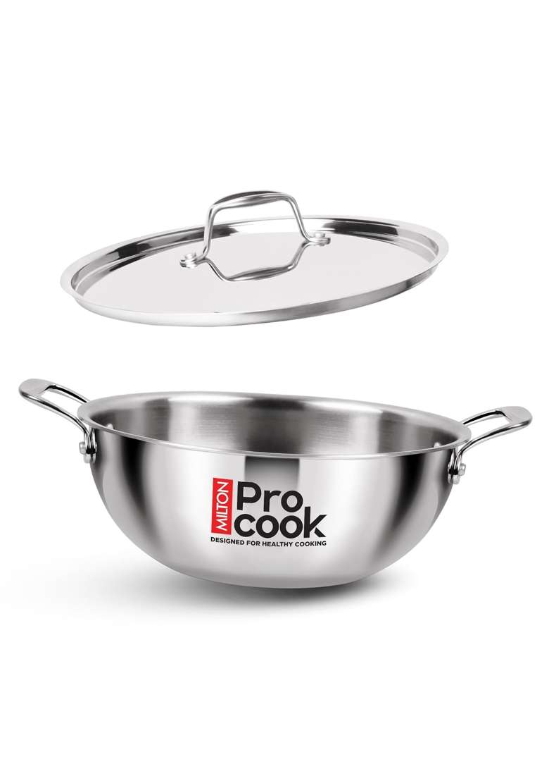 MILTON Pro cook Triply Mini Stainless Steel Kadhai Wok with Lid | 1 L | 1.1 Qt | 16 cm | 6.3 Inch | Induction Compatible - Indya