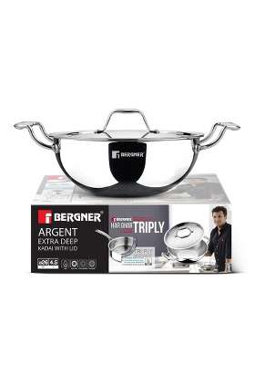 BERGNER Argent Triply | 4.5 L | 4.8 Qt | 26 cm | 10.2 Inch | Induction Compatible | With Lid
