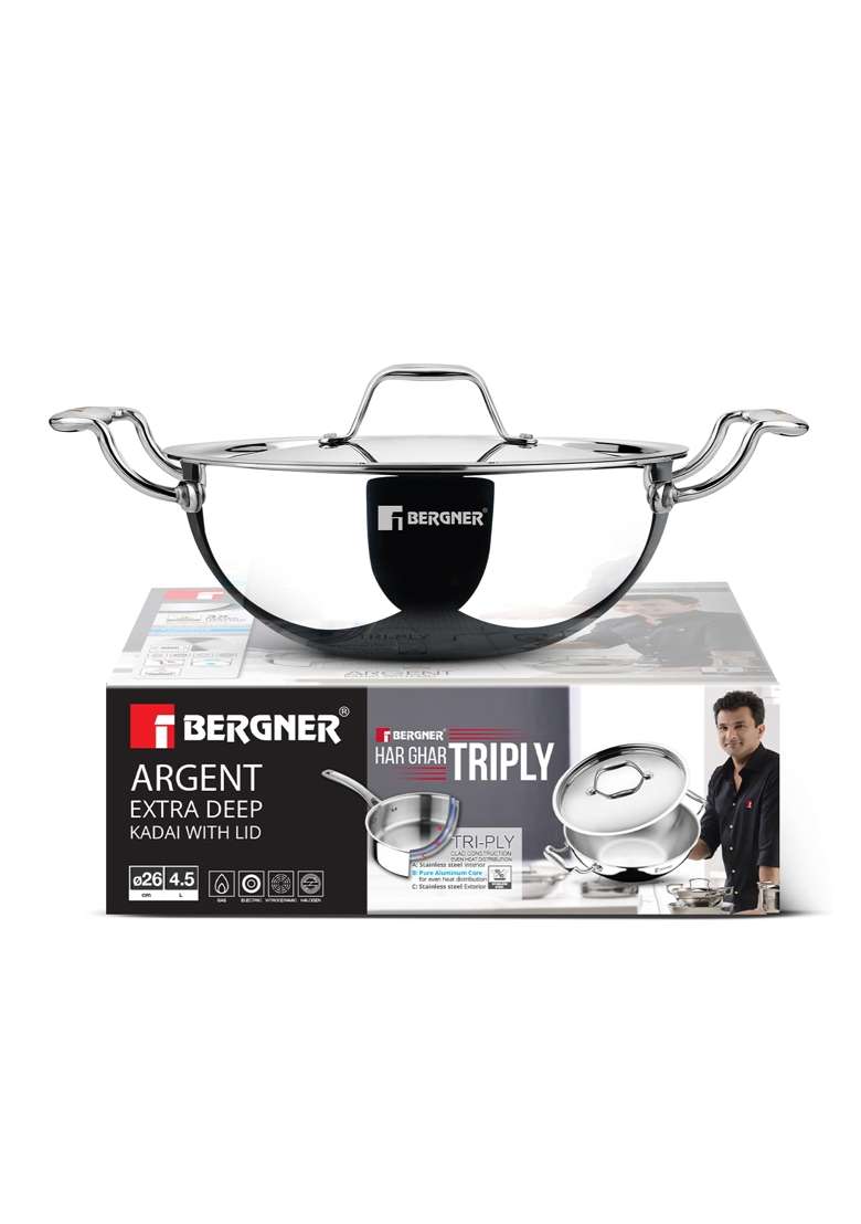 BERGNER Argent Triply | 4.5 L | 4.8 Qt | 26 cm | 10.2 Inch | Induction Compatible | With Lid - Indya